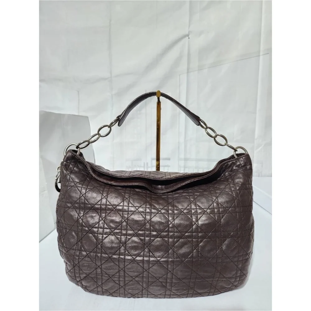 Authentic CHRISTIAN DIOR Cannage Quilted Lambskin Leather Soft Hobo Bag Brown